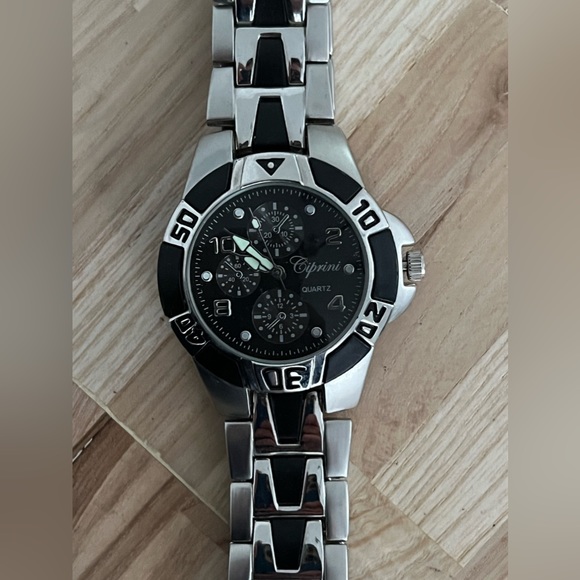 Ciprini Men’s Watch Chronograph Look Black Dial Stainless and Black Bracelet - Picture 4 of 11